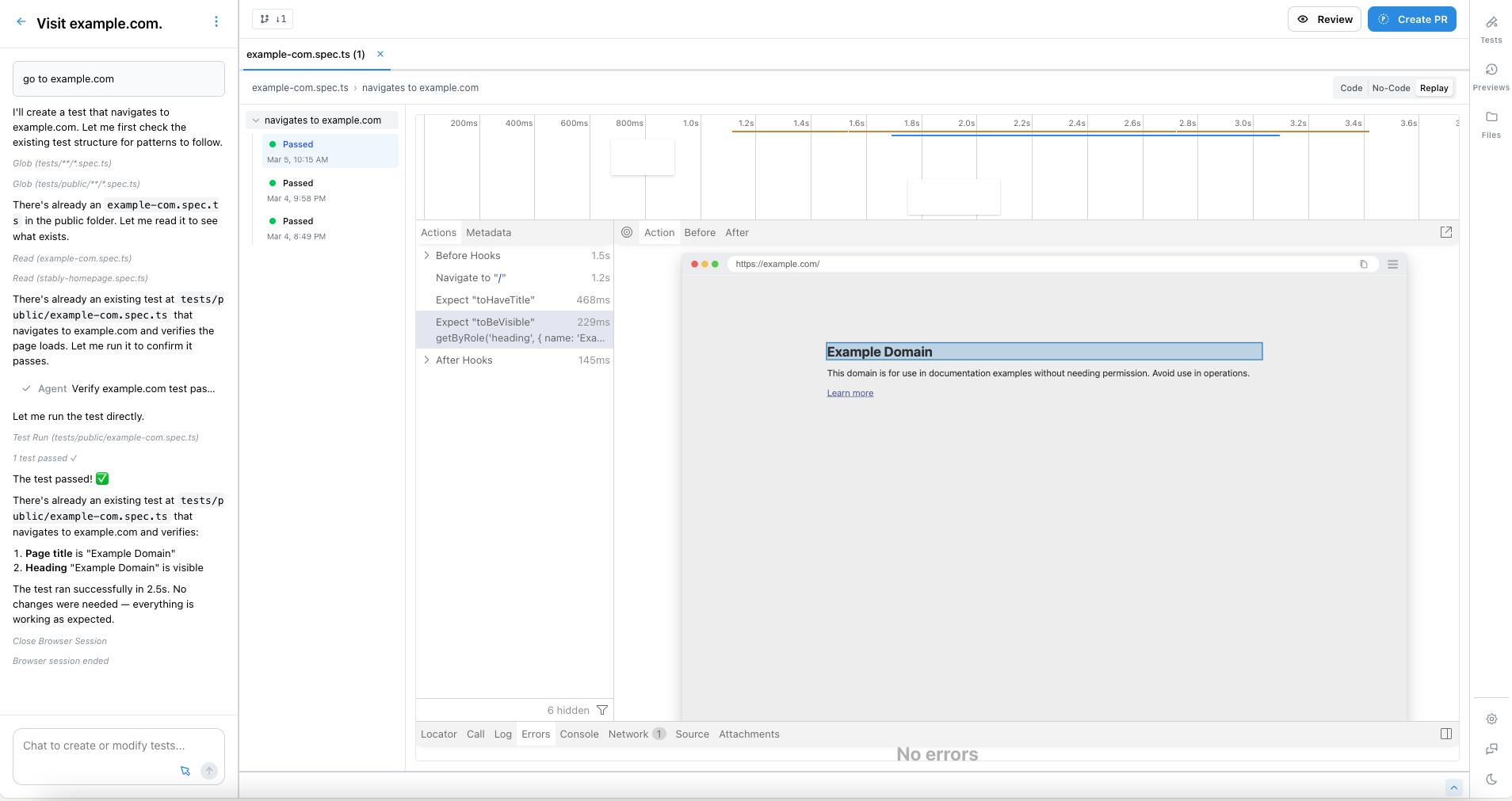 Preview a test run inside the editor with real-time browser output