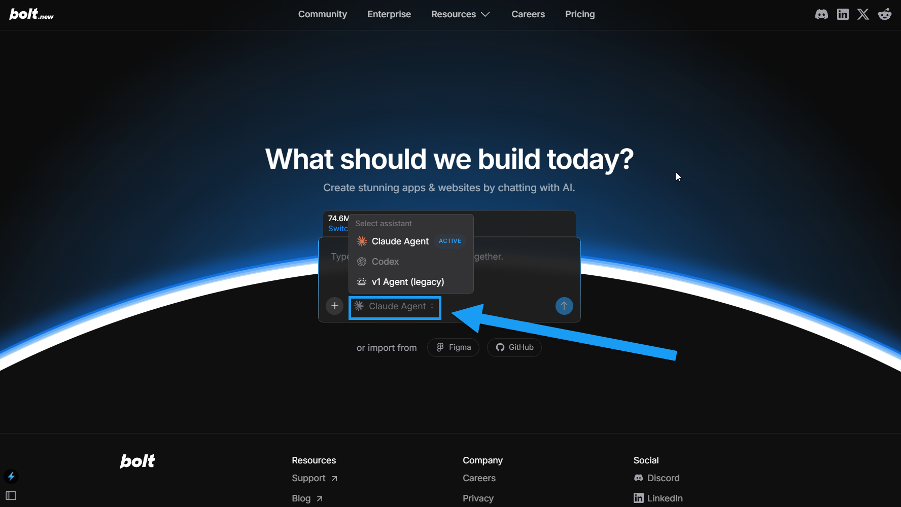 Screenshot of the agent selector on the Bolt homepage