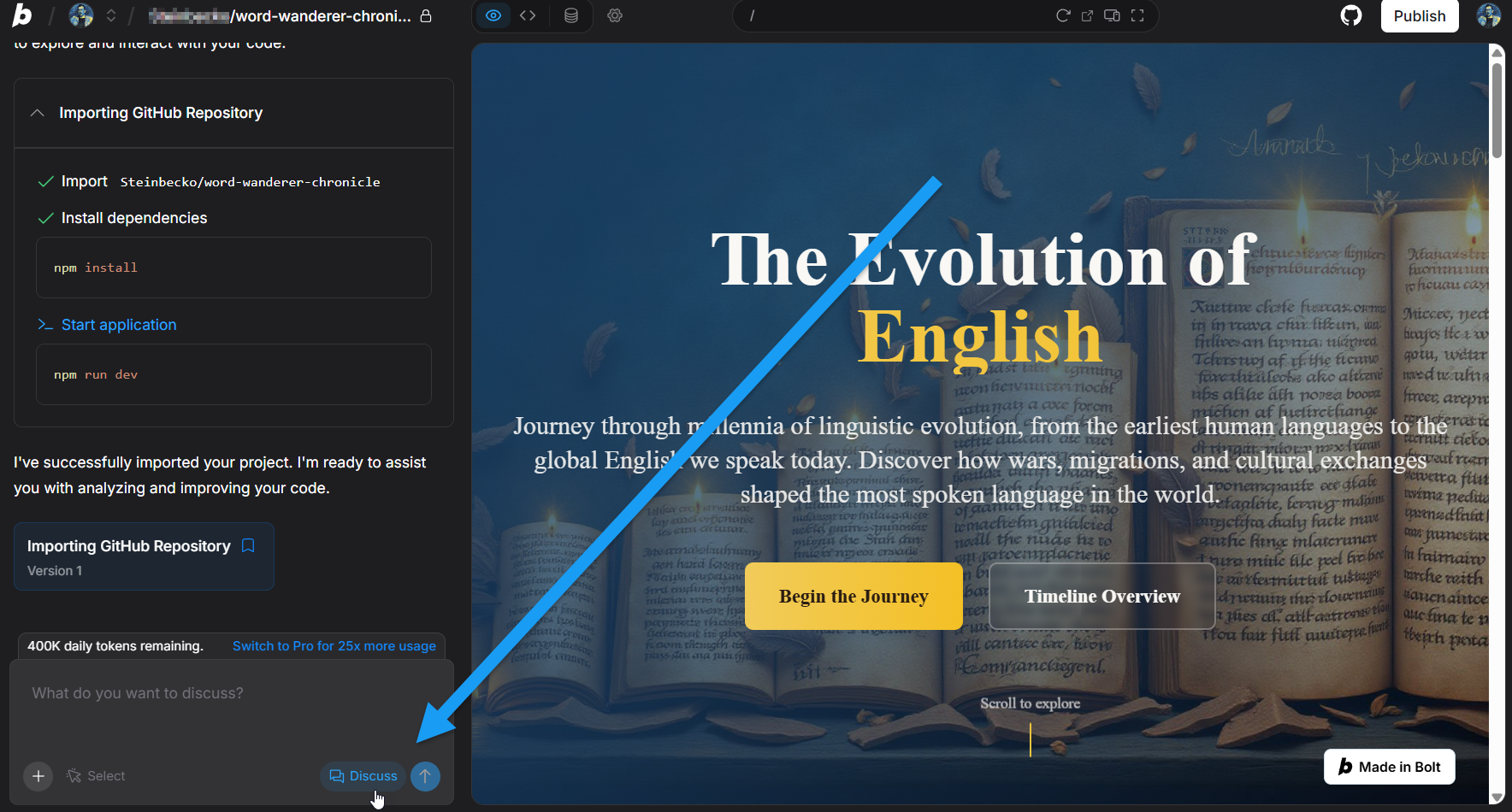 Screencapture of Discussion Mode enabled in a Bolt project