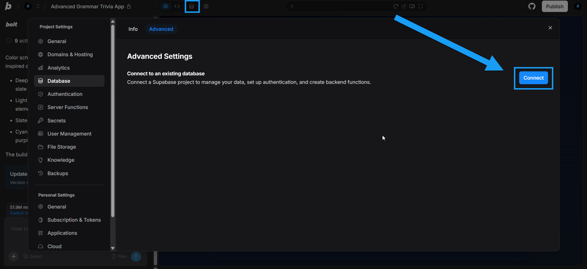Screenshot of Connect feature in advanced database settings