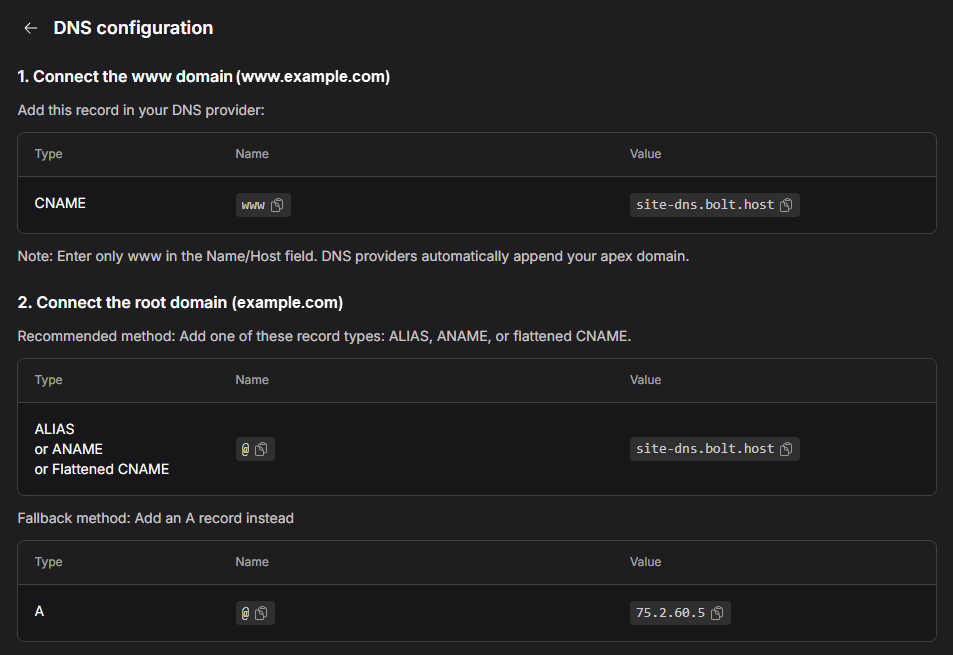 Screenshot of DNS configuration information for third-party domains