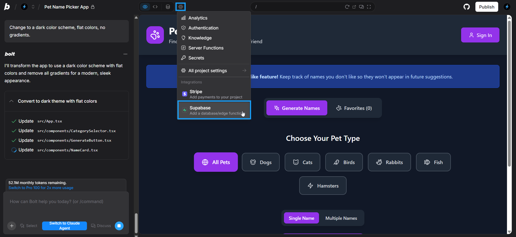 Screenshot in Bolt of connecting a Supabase project