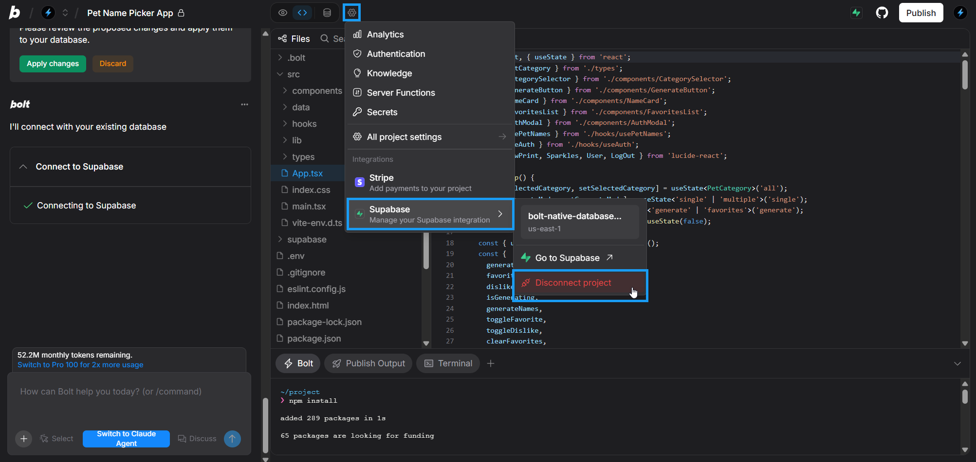 Screenshot in Bolt of disconnecting a Supabase project