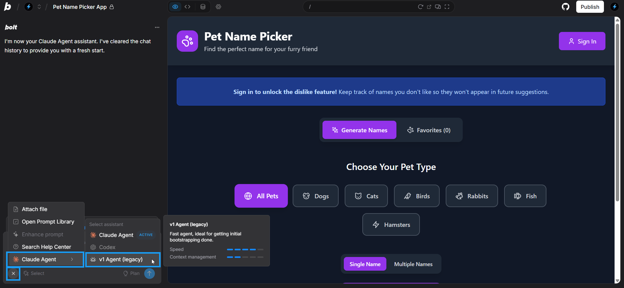 Screenshot in Bolt of switching to v1 Agent