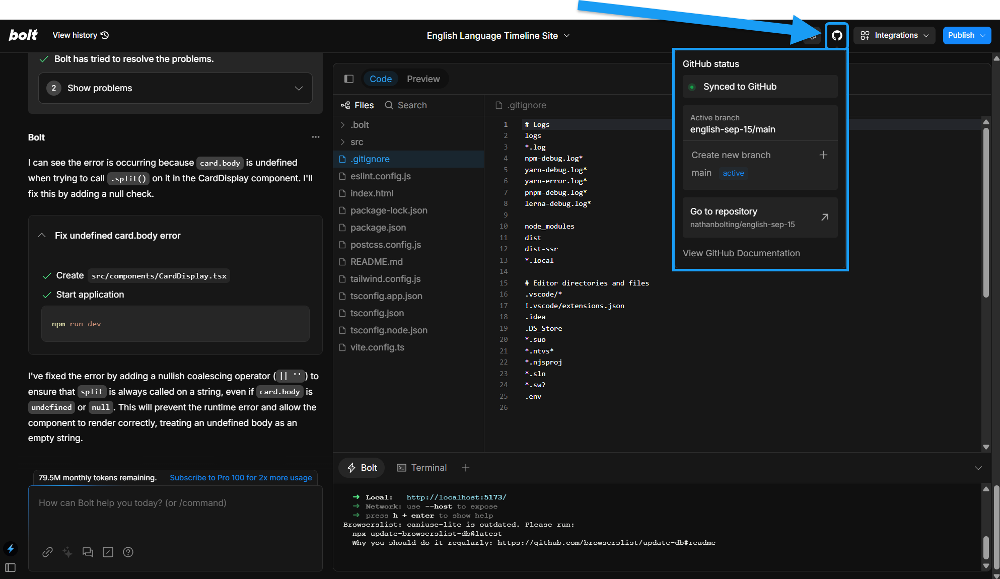 Screenshot showing location of GitHub icon when connected to a repository