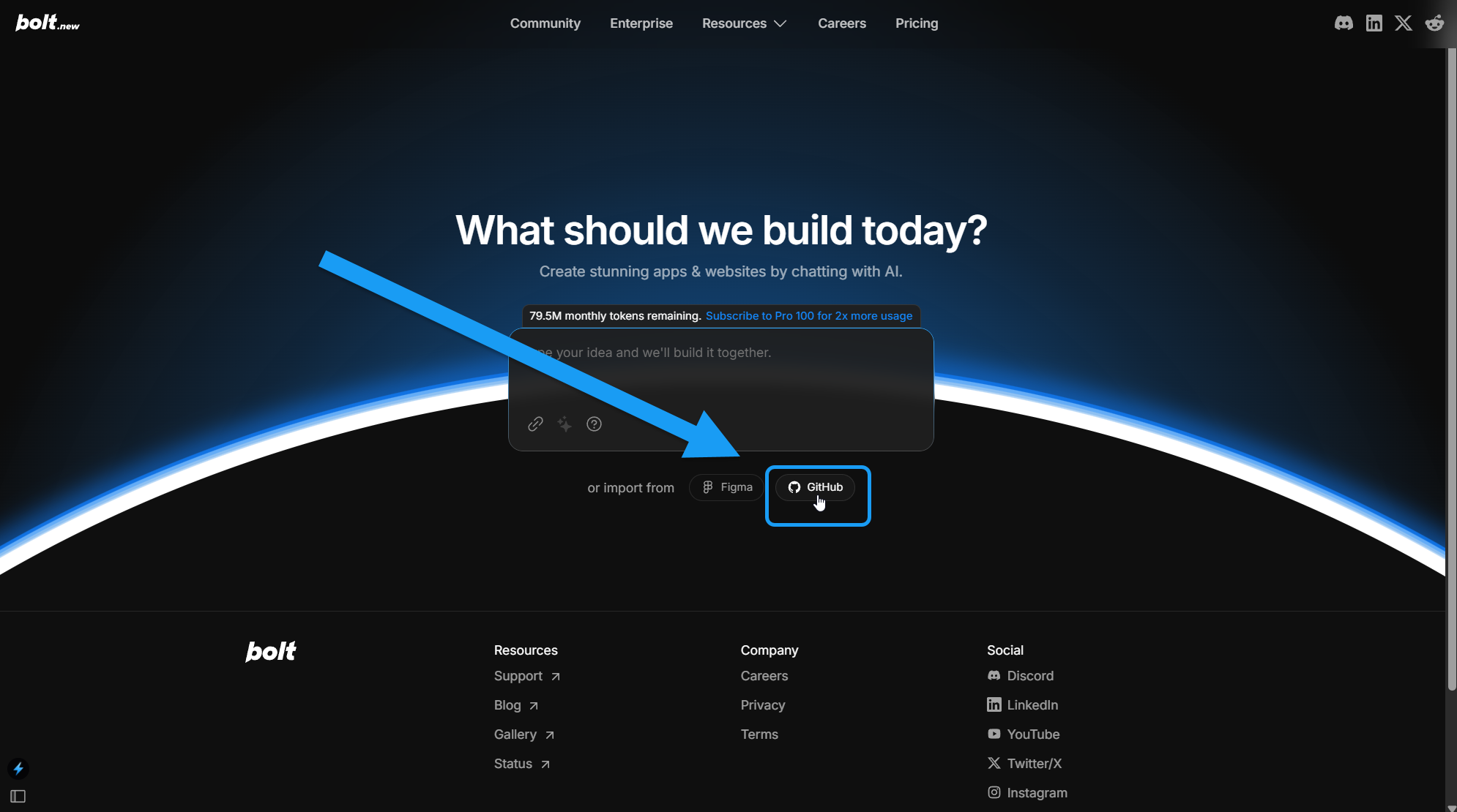 Bolt homepage with arrow pointing to GitHub import icon below chatbox