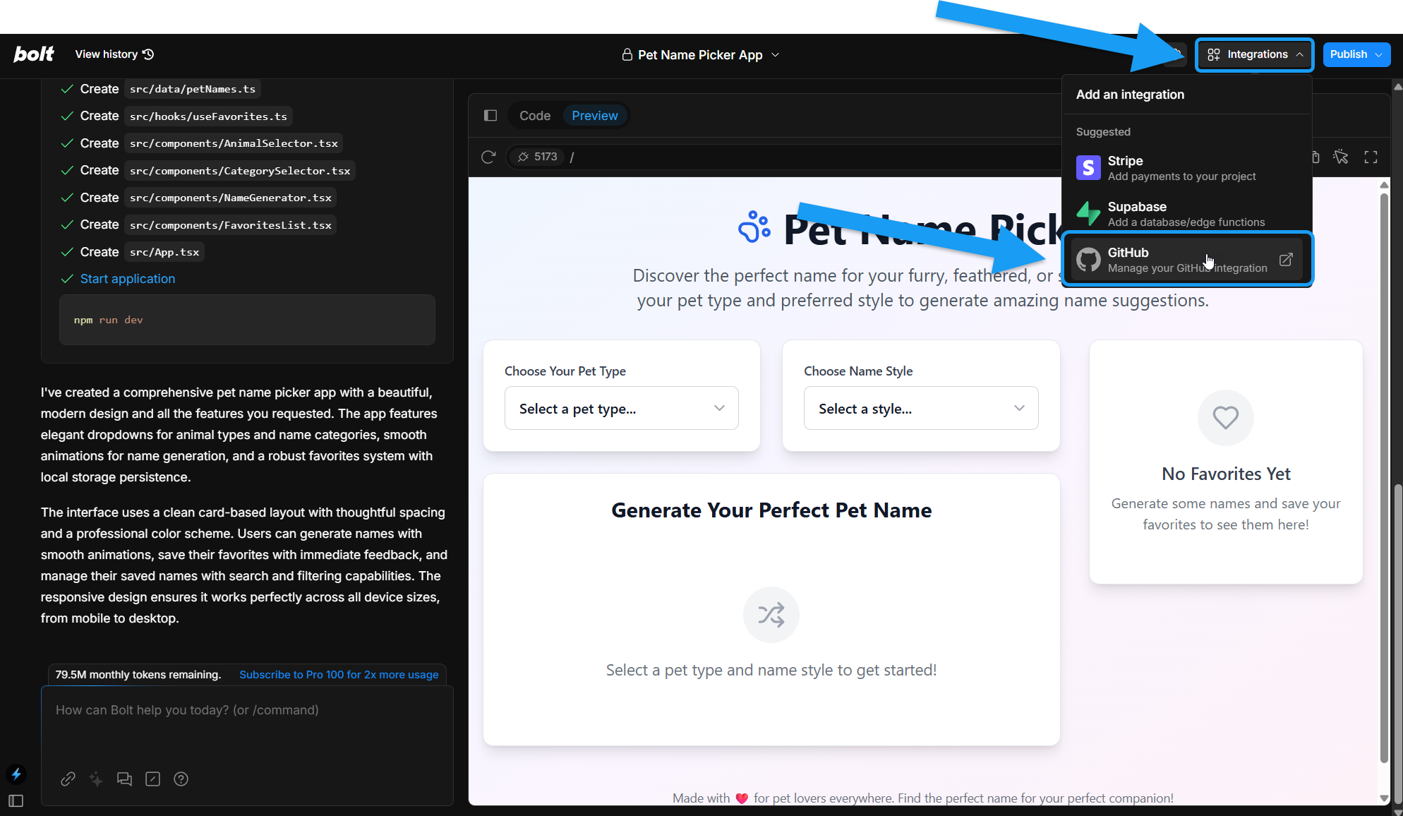 Screenshot showing GitHub menu option within top Integratiosn menu in Bolt.new