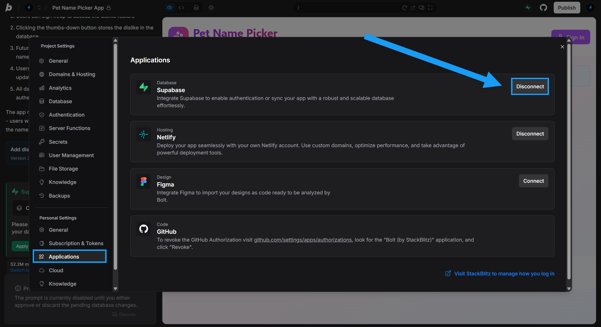Screenshot of Applications settings of Personal Settings allowing you to disconeect Supabase