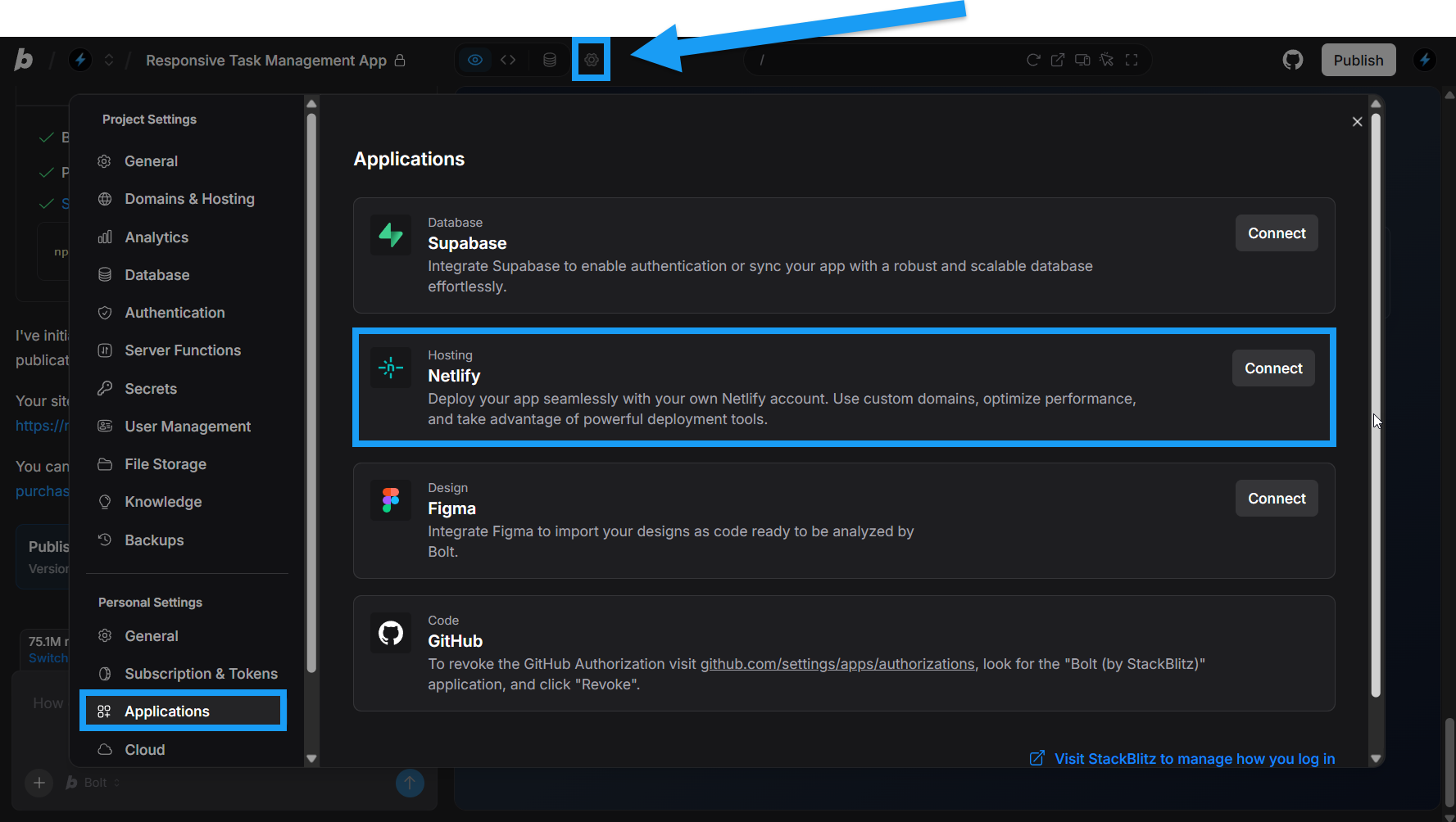 Screencapture of connecting Netlify to Bolt