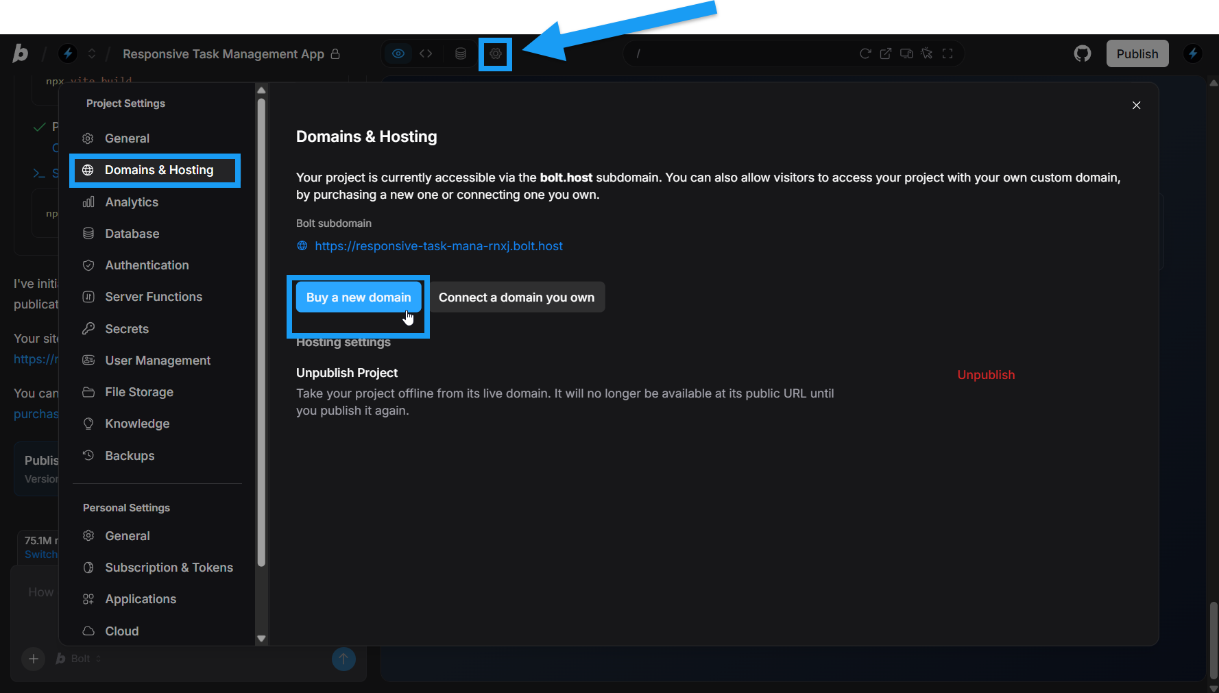 Screencapture of buying a domain in Bolt