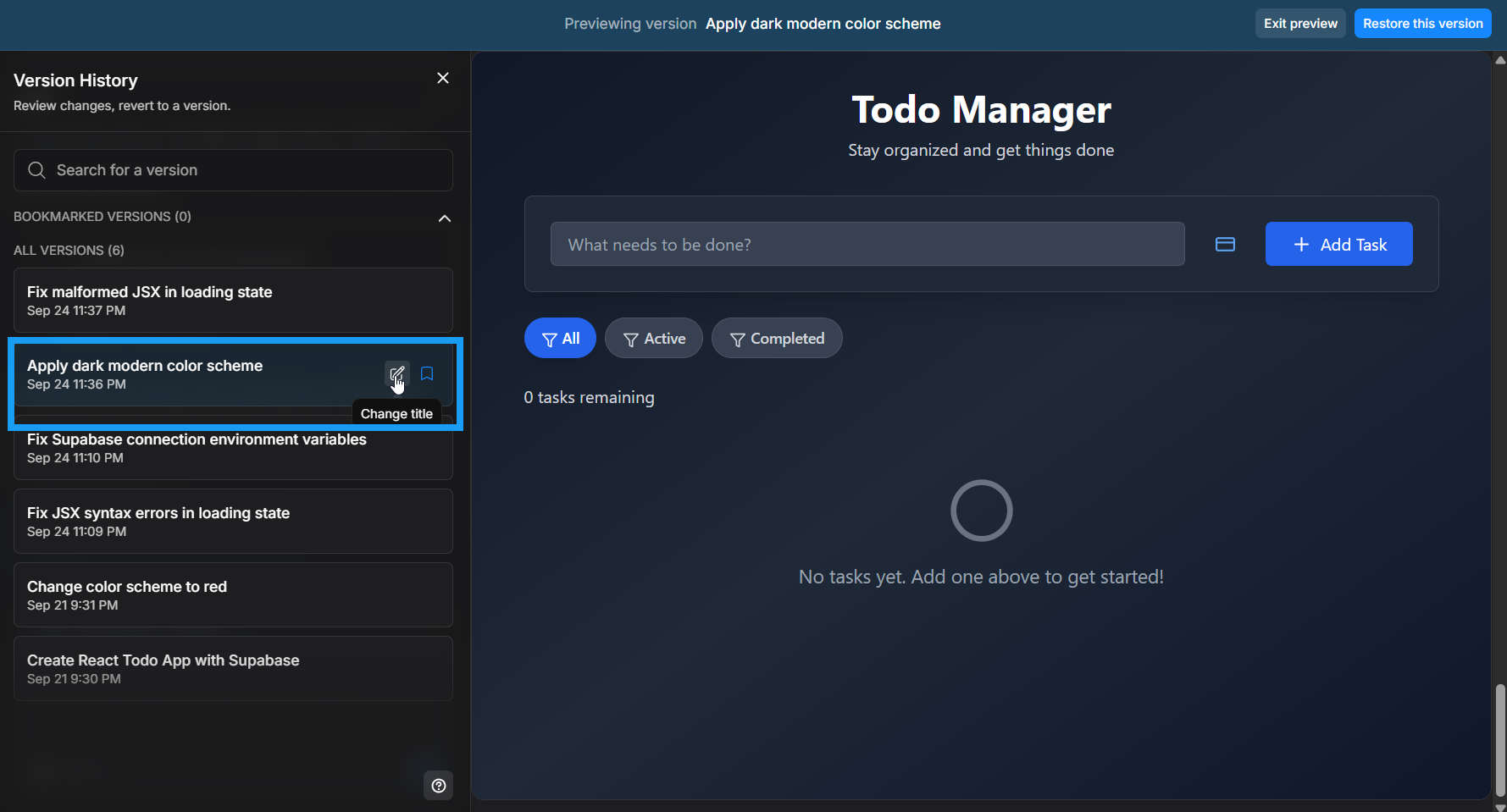 Screencapture of change version history title in Bolt