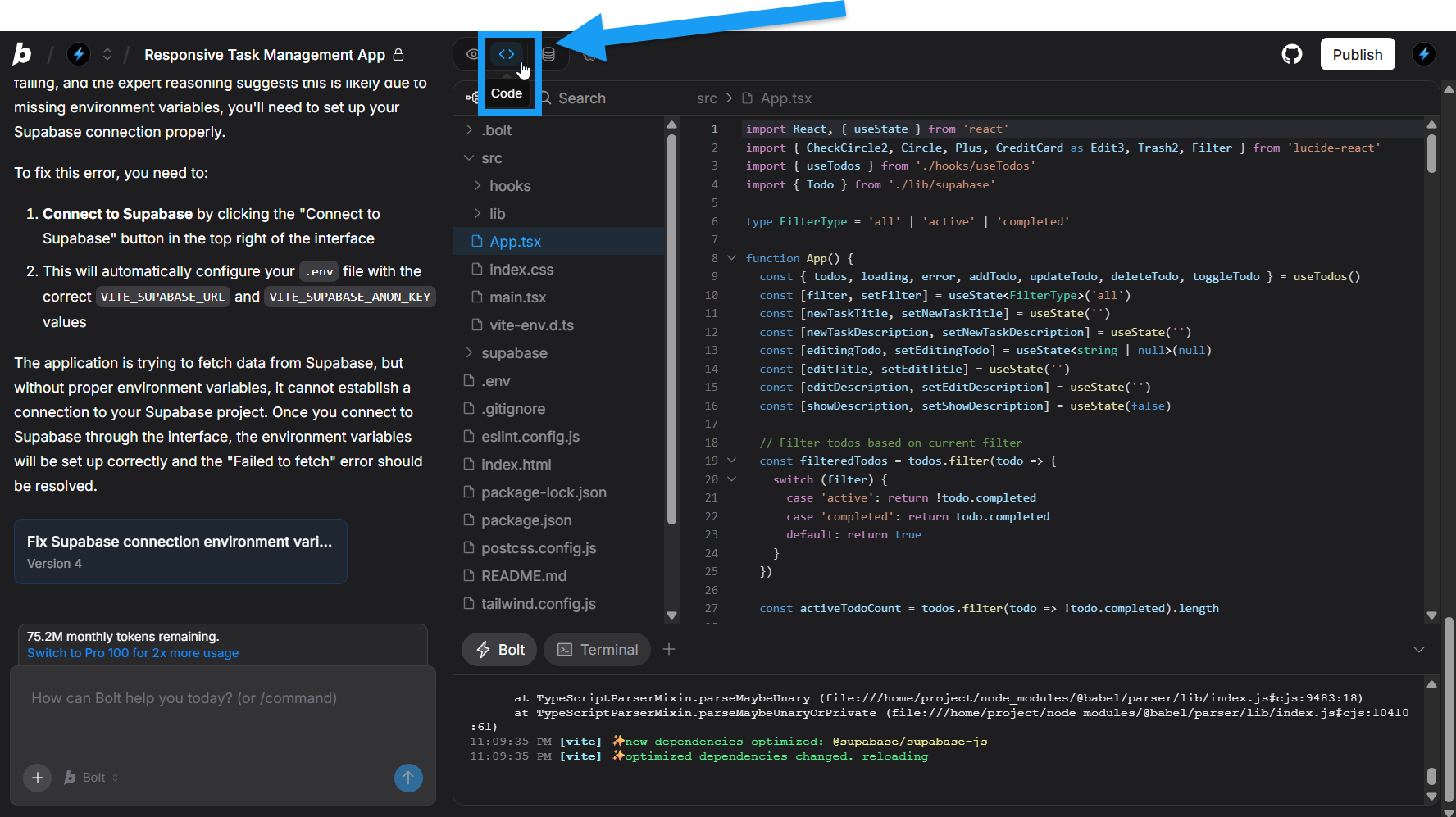 Screencapture of code select icon in Bolt