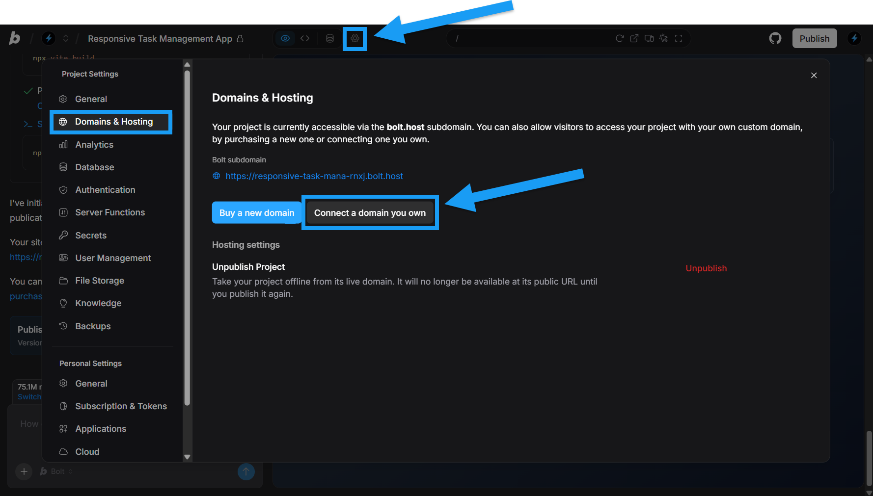 Screencapture of connecting a domain in Bolt