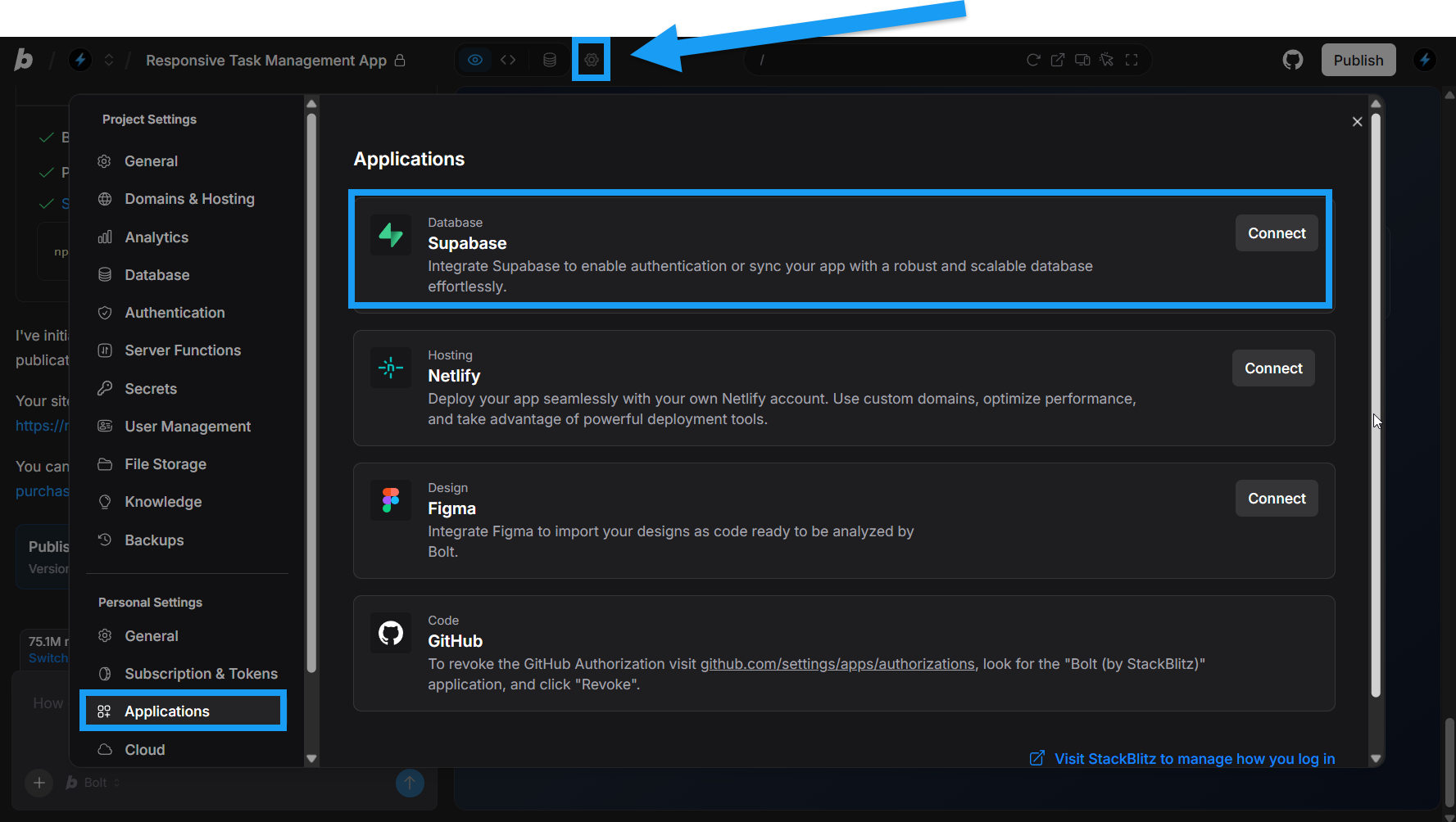 Screencapture of connecting Supabase to Bolt