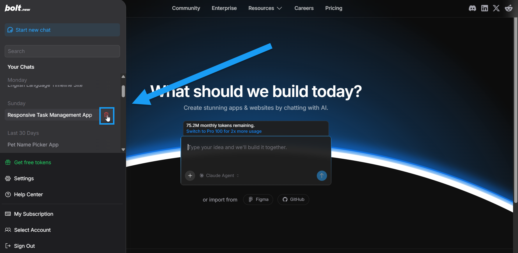 Screencapture of trash icon on project title hover