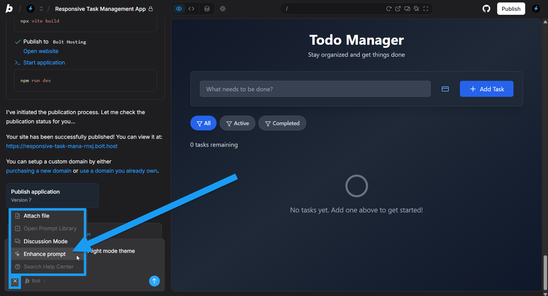 Screencapture of how to enhance prompts in Bolt