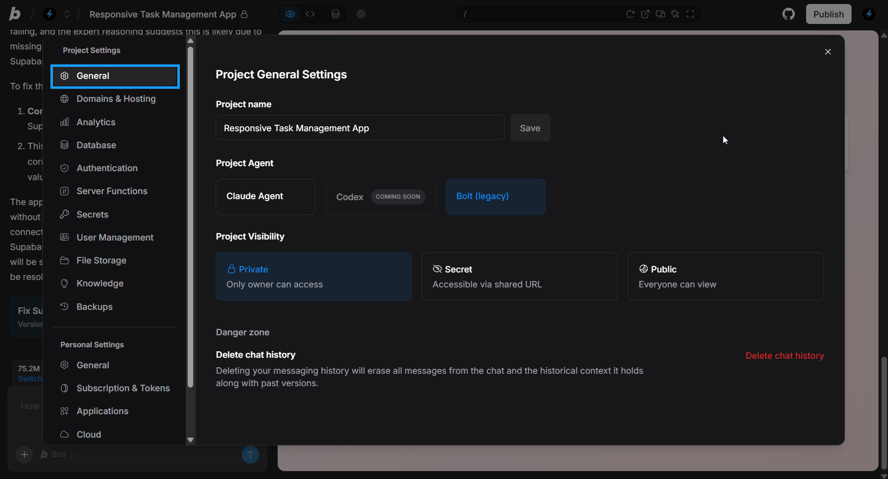 Screencapture of Project General Settings in Bolt