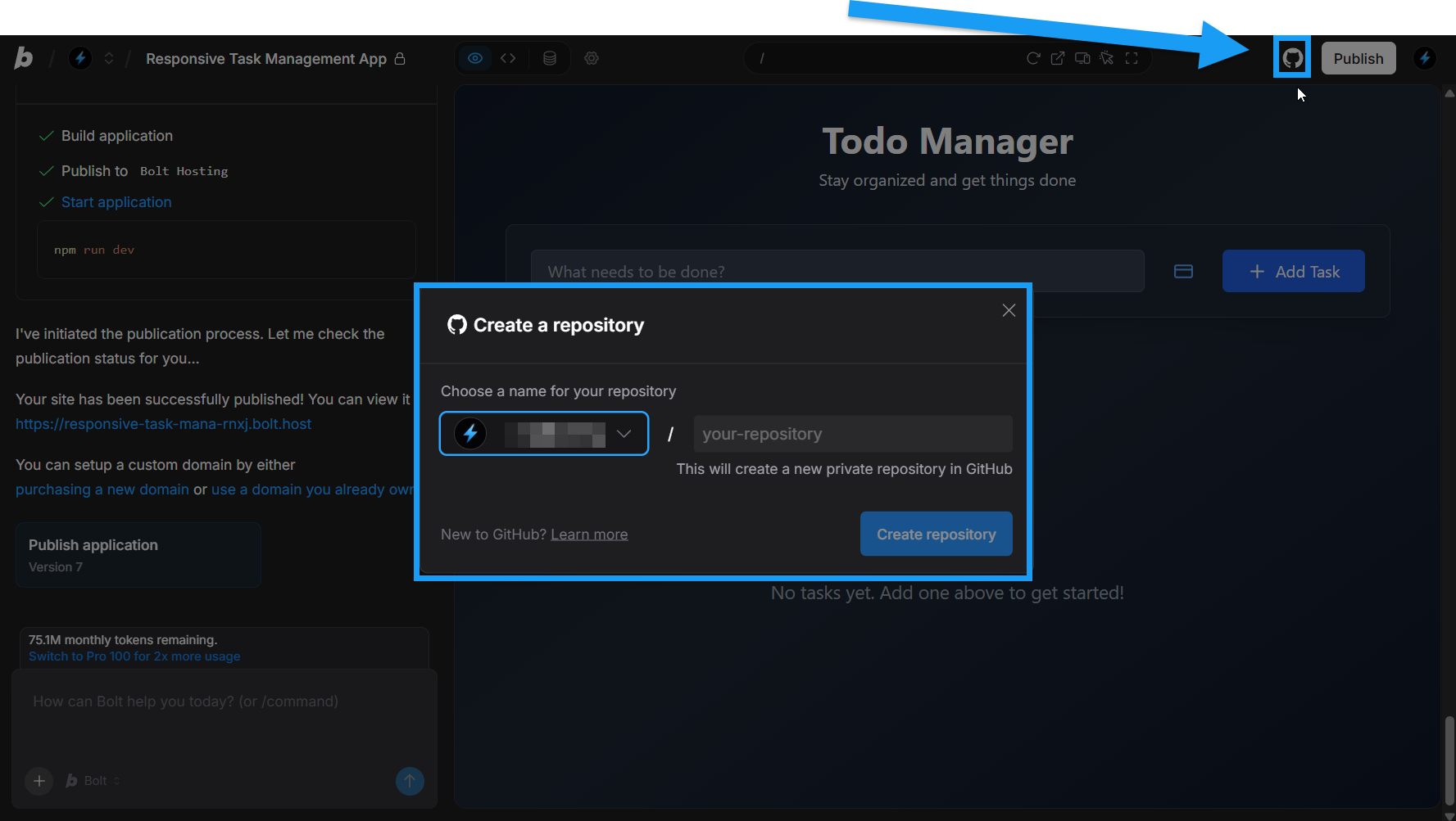 Screencapture of creating a new GitHub repo in Bolt