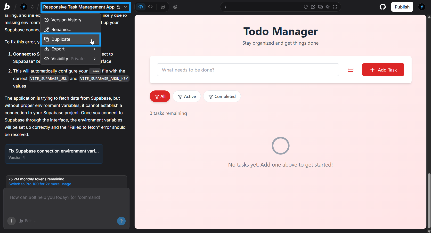 Screencapture of duplicating project in Bolt