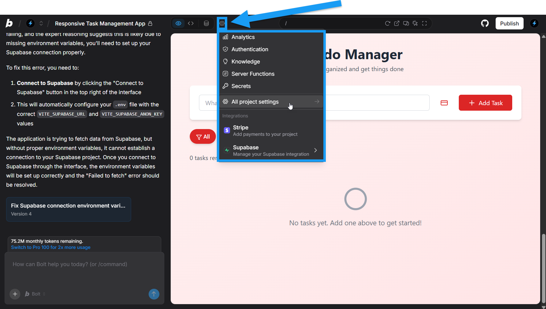 Screencapture of project settings icon in Bolt