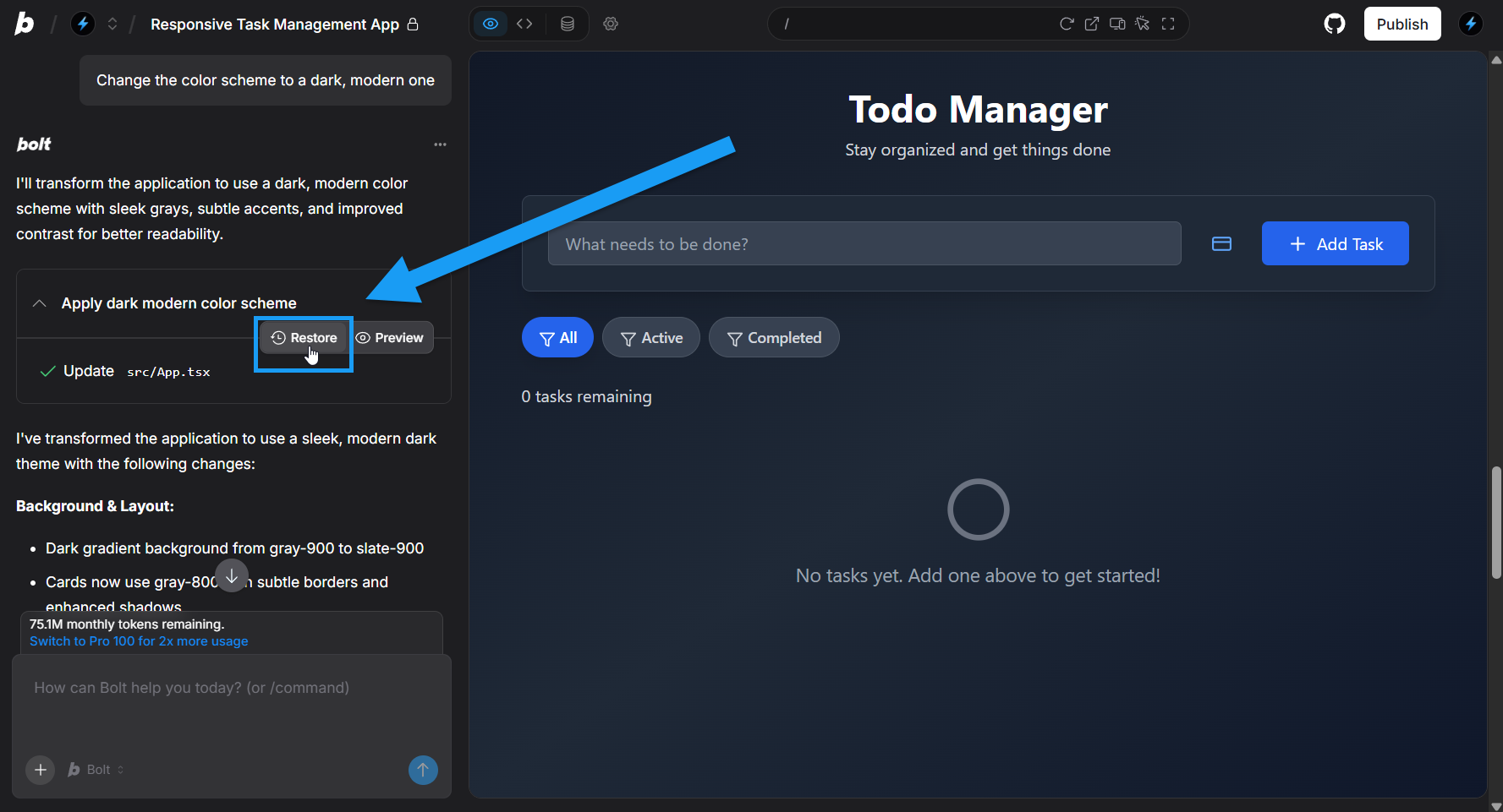 Screencapture of restore button in chat in Bolt