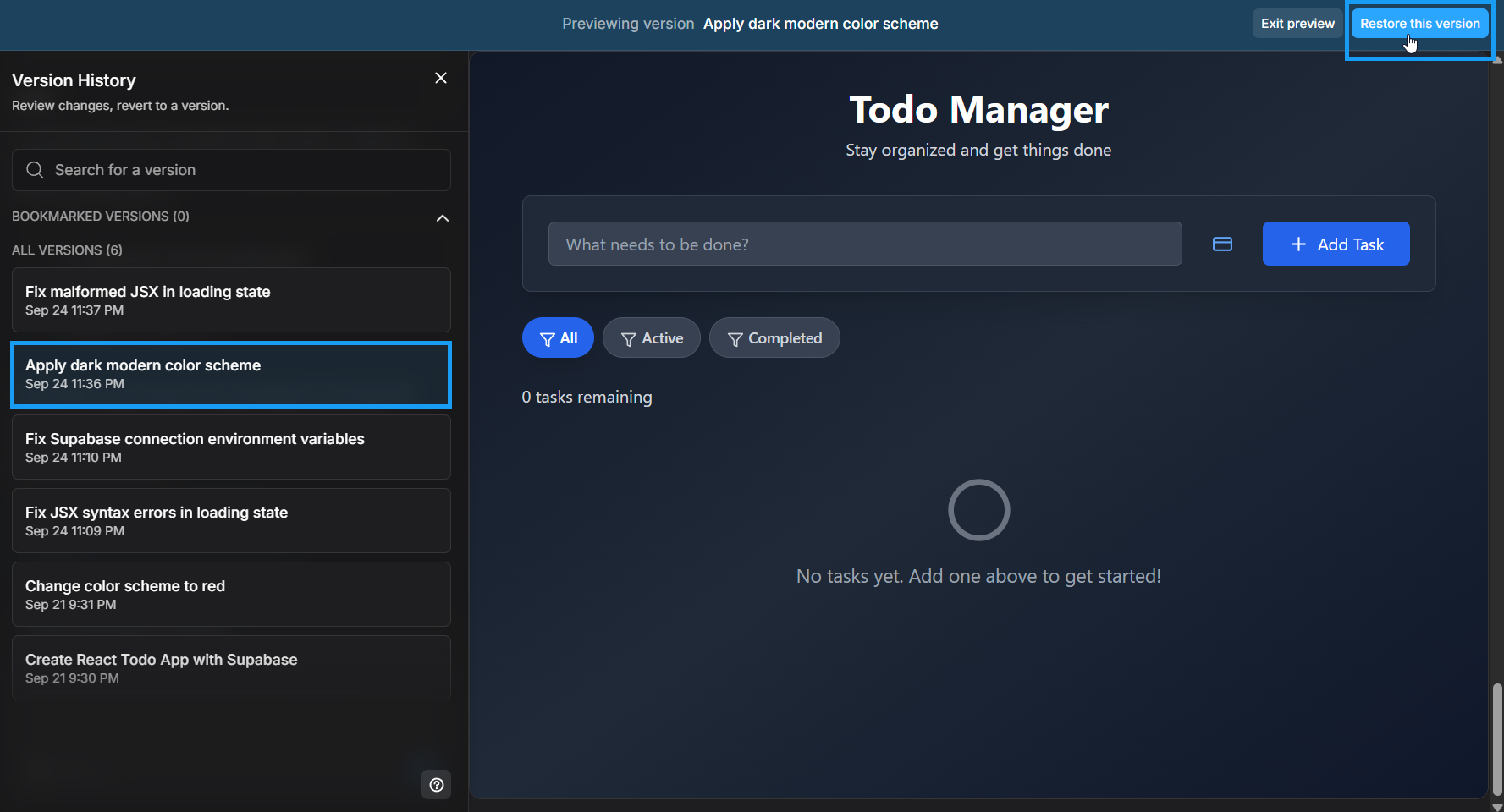 Screencapture of version restore feature in Bolt