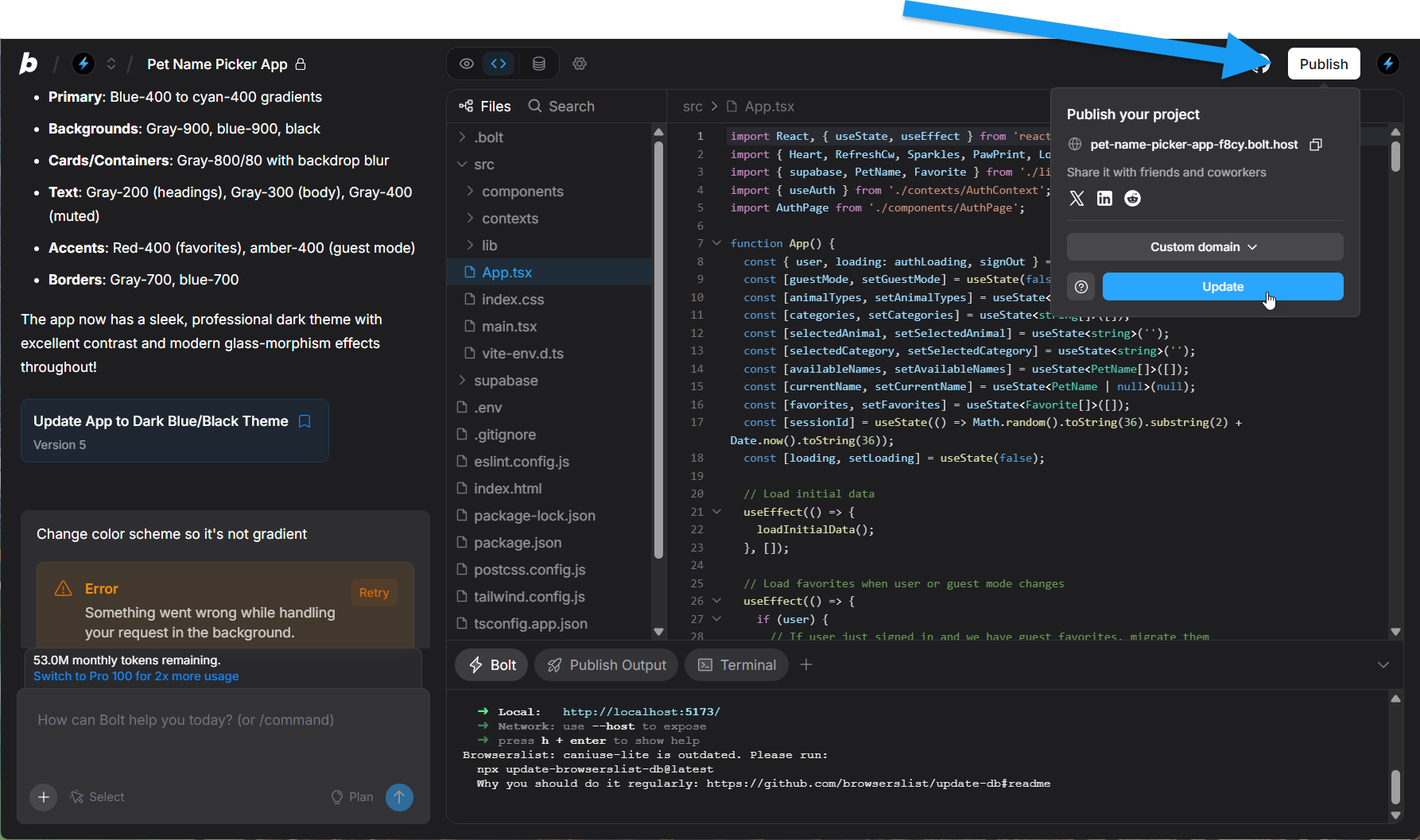 Screenshot of Publish button in Bolt