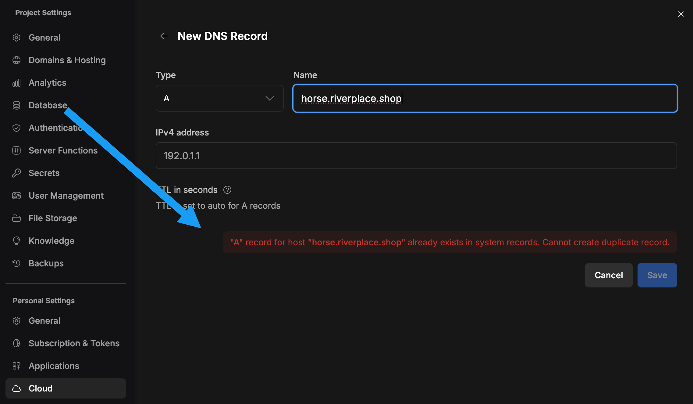 Screenshot of error shown when attempting to add duplicate A record in DNS Records