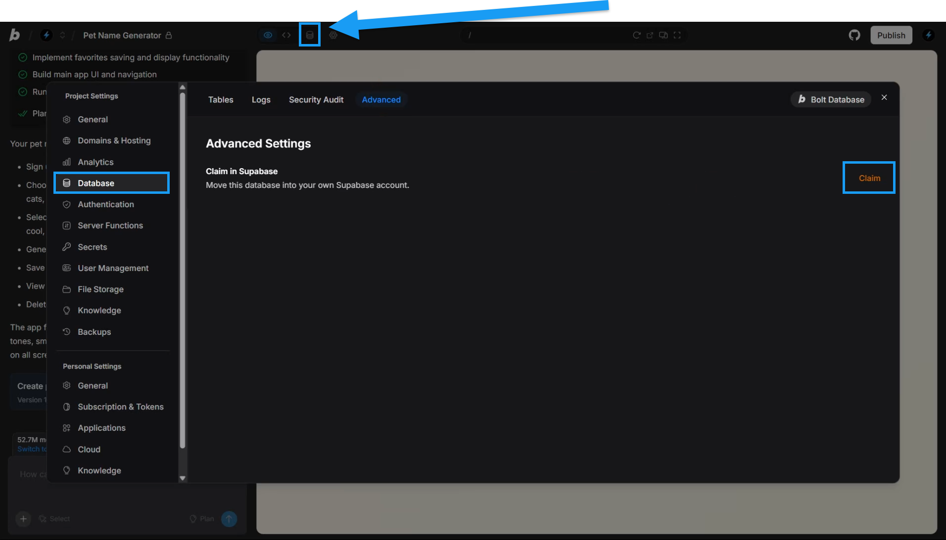 Screenshot of claiming Bolt database in Supabase