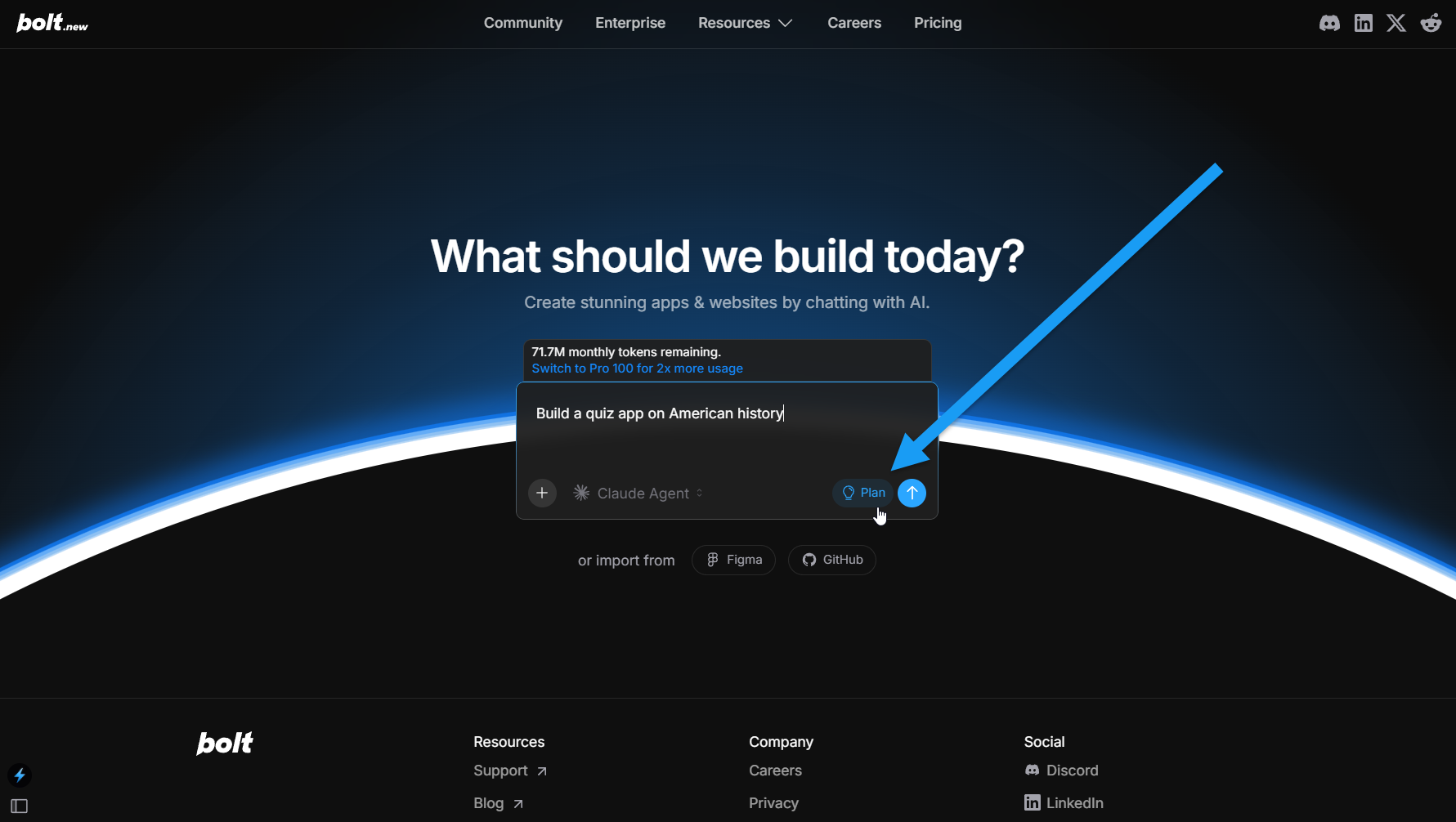 Screencapture of Plan Mode enabled on Bolt homepage