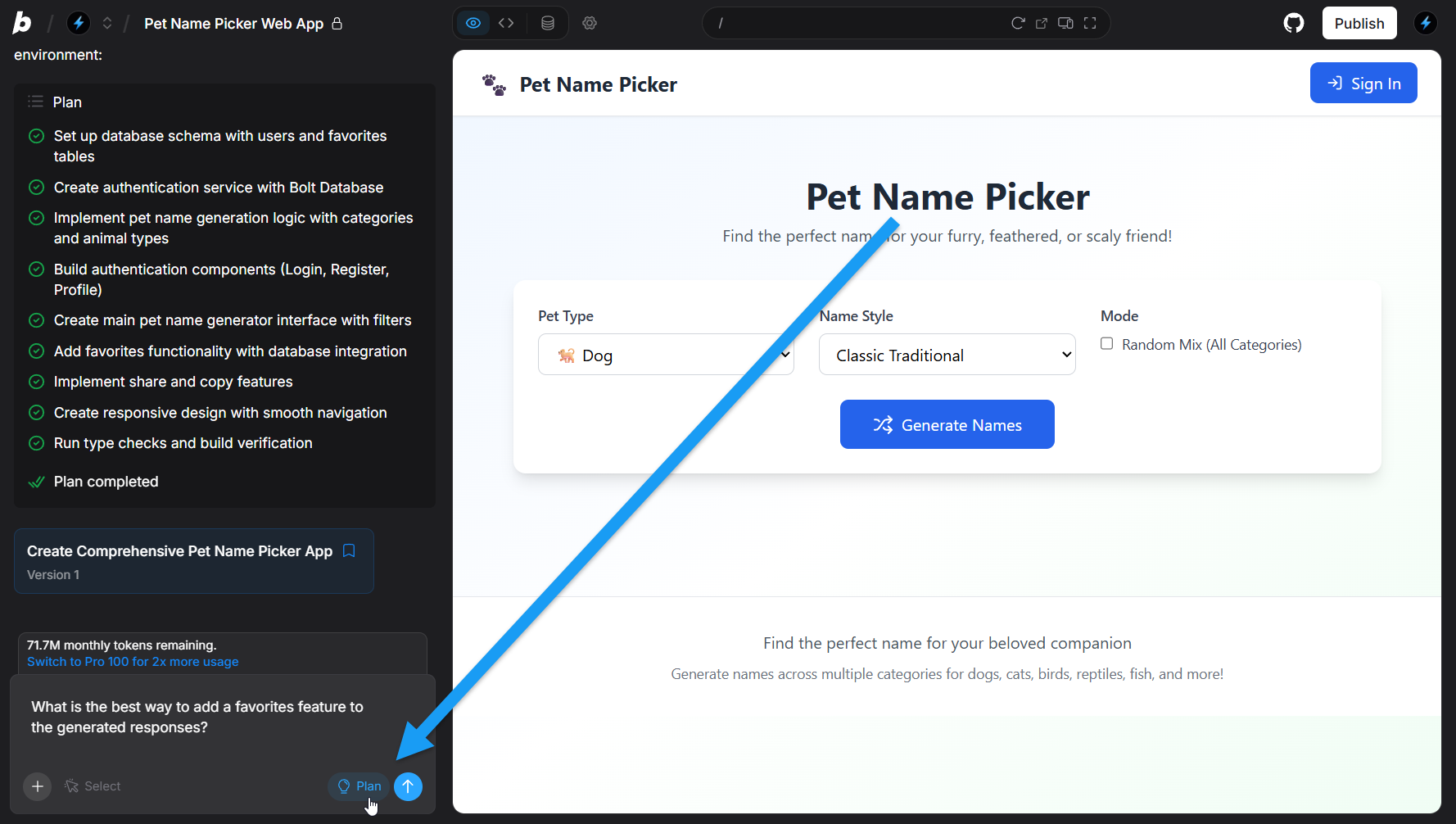 Screencapture of Plan Mode enabled in a Bolt project