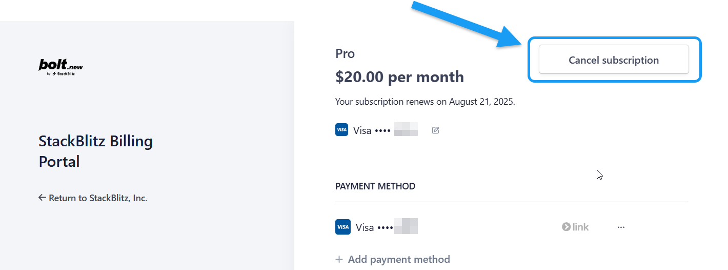 Screenshot of cancellation option in billing portal