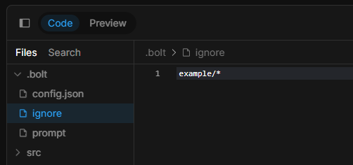 "Screenshot of the Bolt UI showing an ignore file"