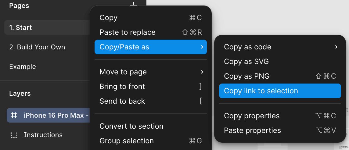 "Screenshot of the menu steps to get the frame URL"