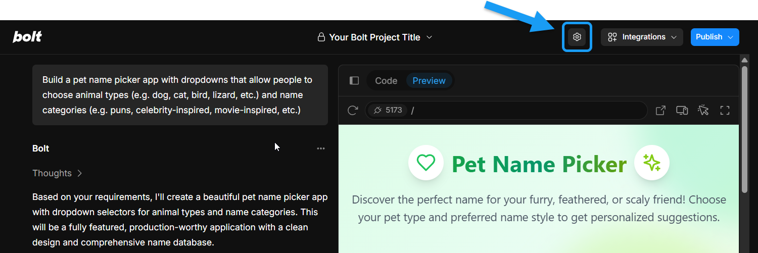 Screenshot showing location of Project settings gear icon in upper-right part of the screen