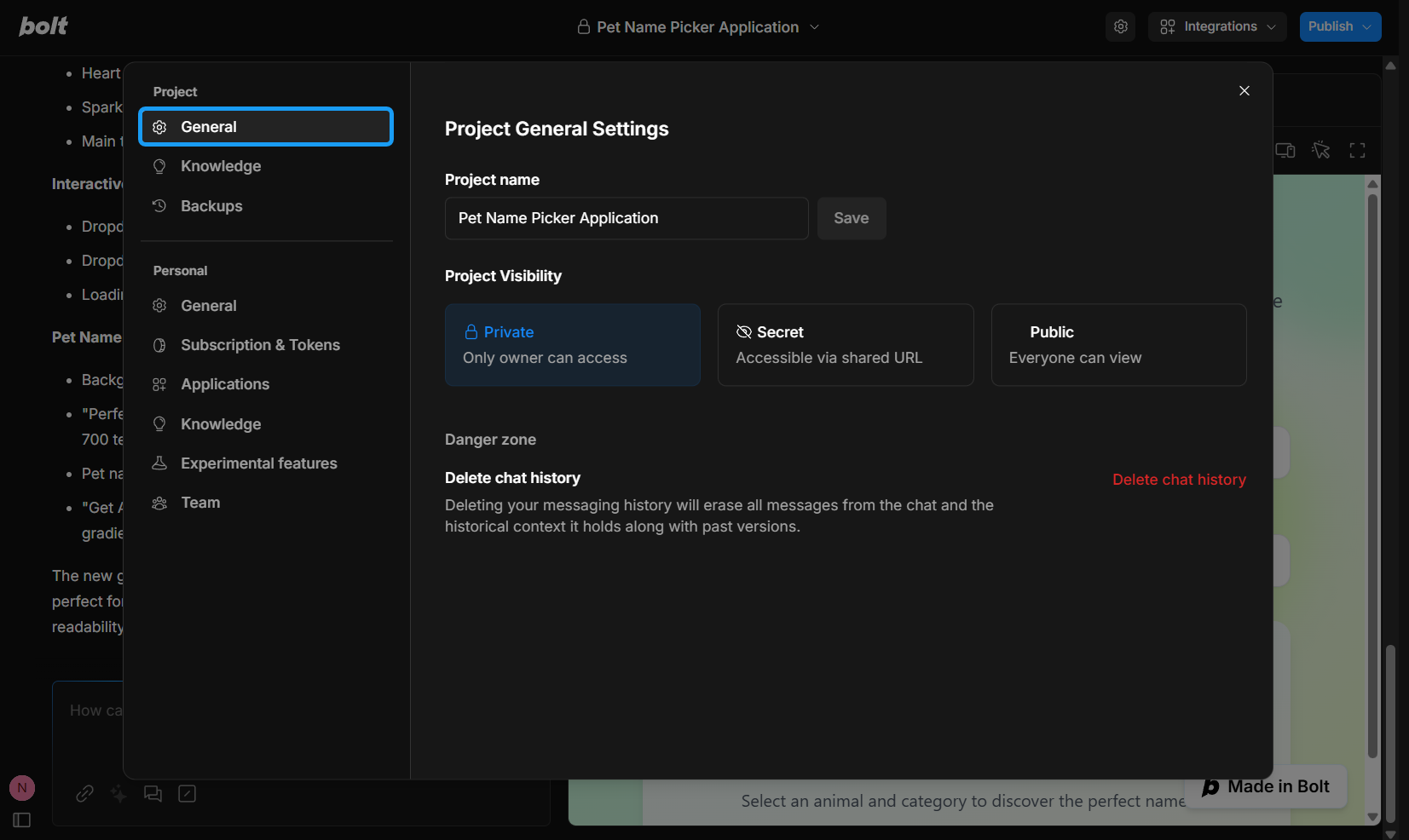 Screenshot of General Project Settings