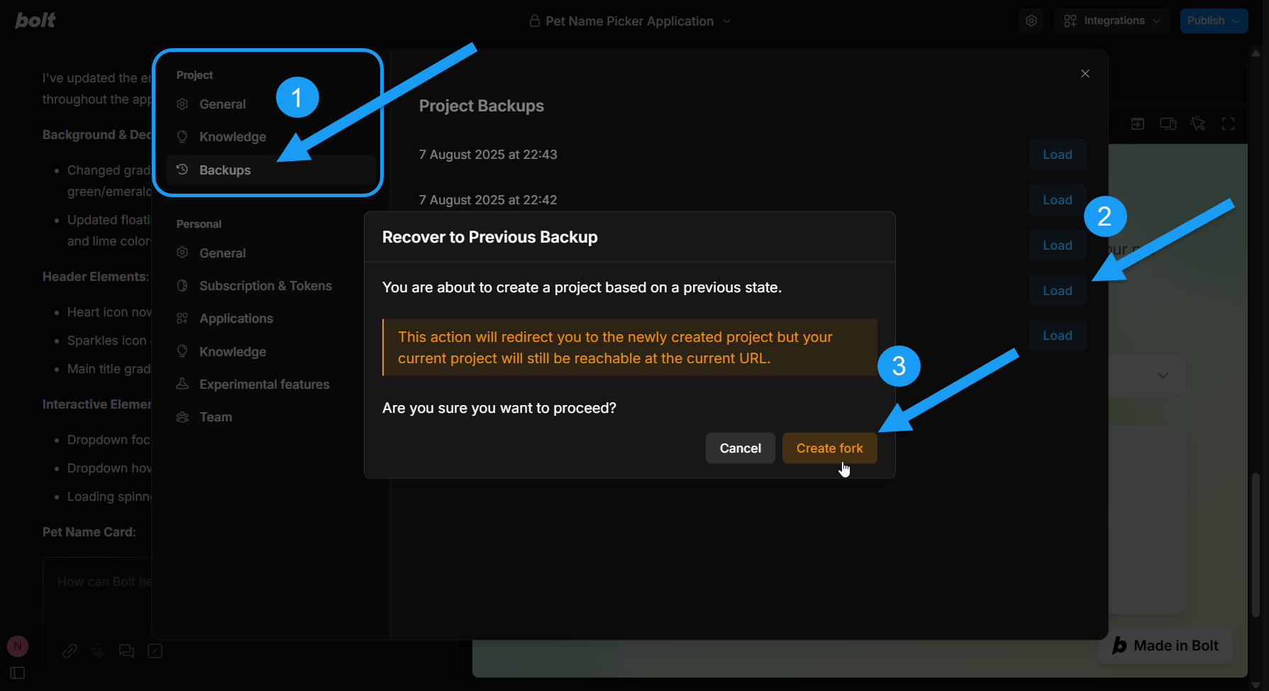 Screenshot of steps to restore a project under Project settings Backups