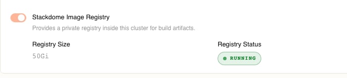 The registry part of a registered cluster's Cluster Configuration panel, with the Stackdome Image Registry toggle on, a Registry Size of 50Gi, and a Registry Status pill reading Running