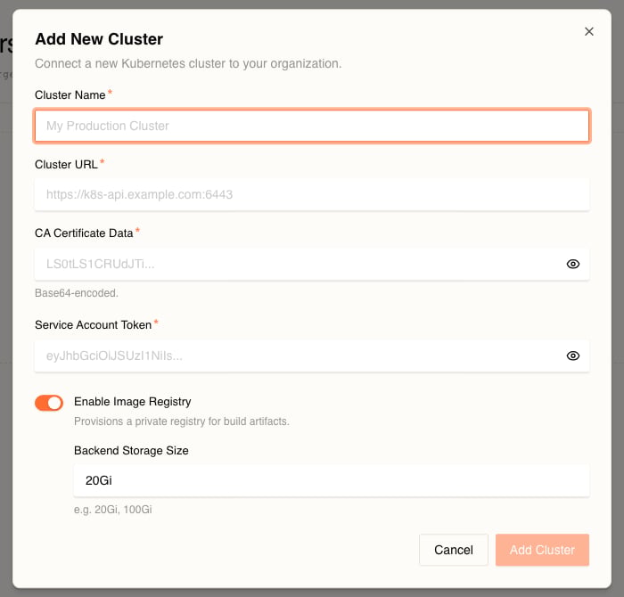 The Add New Cluster dialog in the Stackdome dashboard, showing the Cluster Name, Cluster URL, CA Certificate Data, and Service Account Token fields, the Enable Image Registry toggle, and the Backend Storage Size field
