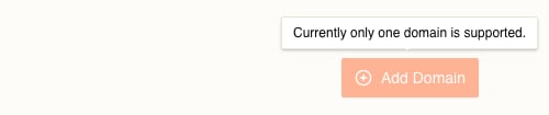 Close-up of the Domains page header: the Add Domain button greyed out, with a tooltip above it reading Currently only one domain is supported