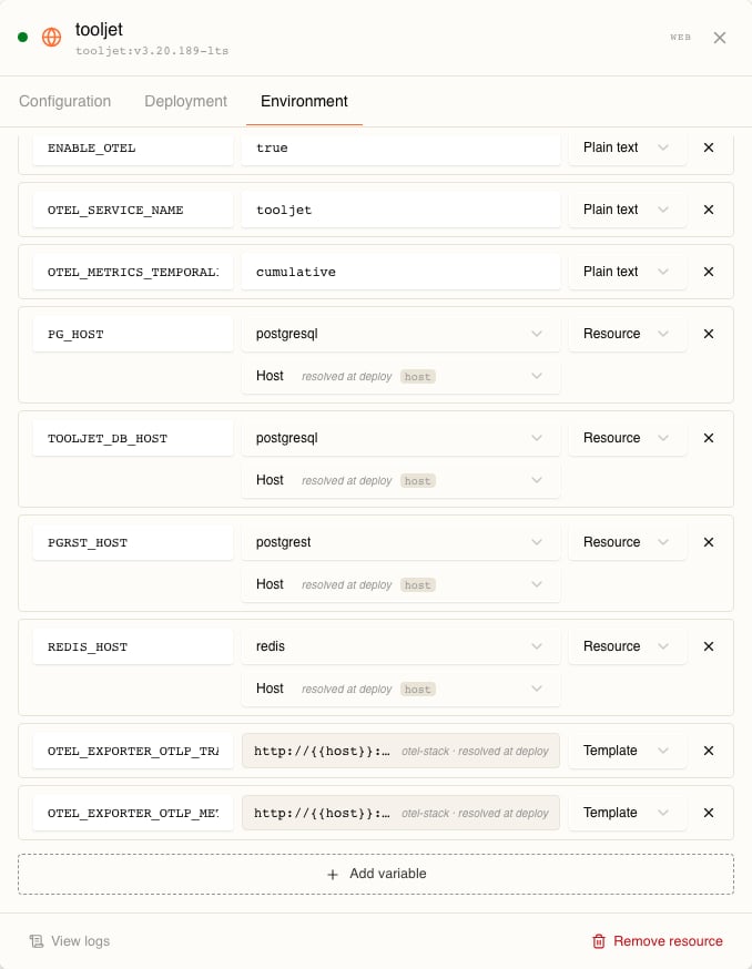 The Environment tab for the resource tooljet, scrolled to show four Resource rows — PG_HOST and TOOLJET_DB_HOST both pointing at postgresql, PGRST_HOST at postgrest, REDIS_HOST at redis — each with a second dropdown reading Host, resolved at deploy, host. Below them two Template rows whose value boxes show a monospace string starting http:// that is cut off by an ellipsis, each labelled otel-stack · resolved at deploy.
