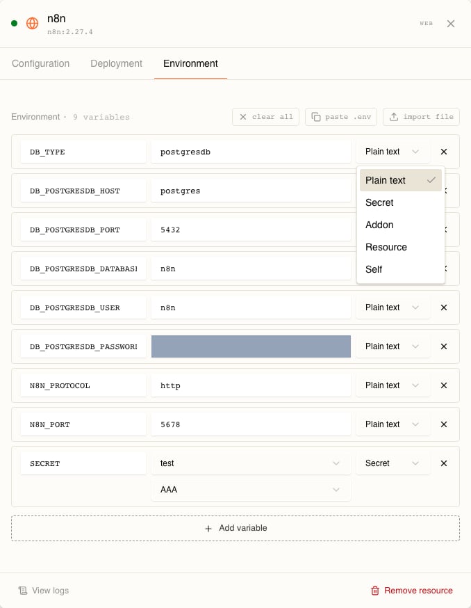 The same Environment tab with the source dropdown of the first row open, listing five options top to bottom: Plain text (ticked), Secret, Addon, Resource, Self.
