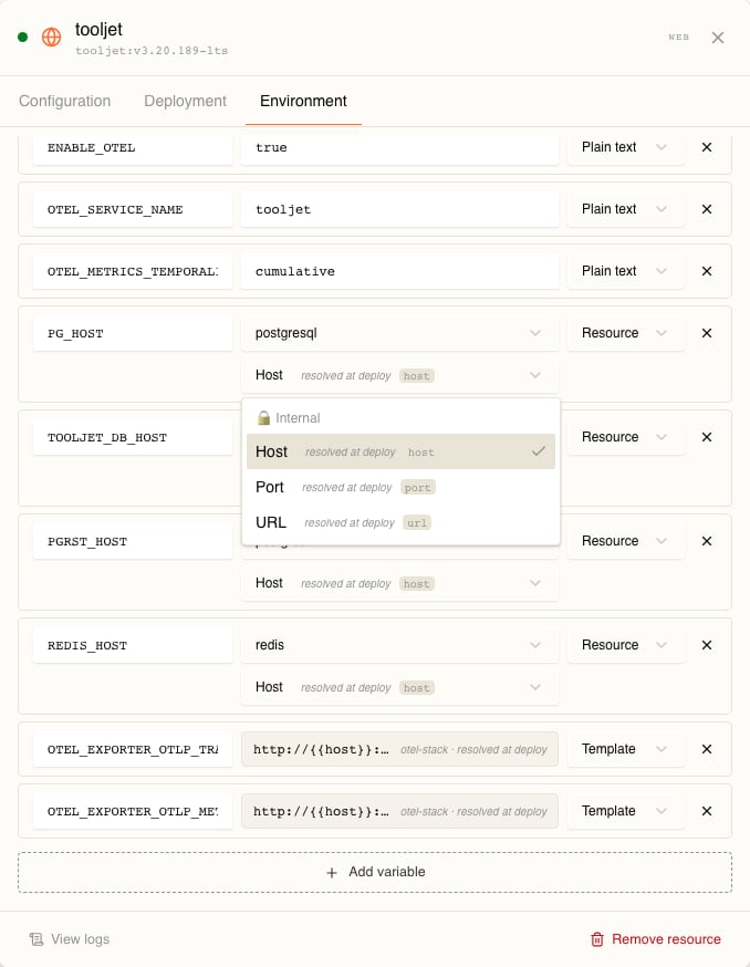 The same tab with the output dropdown open on the PG_HOST row, showing a group headed 🔒 Internal with three entries — Host (ticked), Port and URL — each annotated resolved at deploy and the raw key host, port and url. No Public group is present.