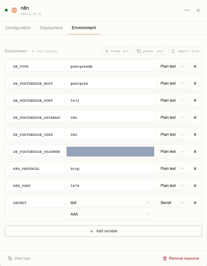 The resource drawer for a resource named n8n, Environment tab selected, headed Environment · 9 variables with clear all, paste .env and import file buttons. Nine rows each show a KEY box, a value box and a source dropdown reading Plain text, except the last row SECRET whose value area is two dropdowns reading test and AAA with the source set to Secret. One password value is covered by a grey redaction bar.