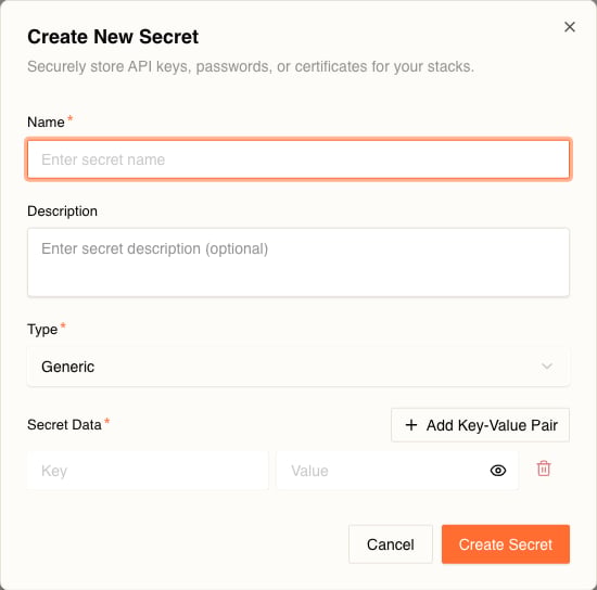 The Create New Secret dialog, subtitled Securely store API keys, passwords, or certificates for your stacks, with a required Name field placeholdered Enter secret name, an optional Description textarea, a required Type dropdown showing Generic, and a required Secret Data section with an Add Key-Value Pair button over one empty Key and Value pair, the Value field having an eye toggle and a delete icon. Cancel and Create Secret buttons at the bottom.