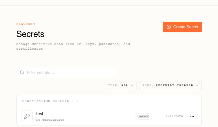 The Secrets page content column, headed PLATFORM Secrets with the subtitle Manage sensitive data like API keys, passwords, and certificates and a Create Secret button top right. Below it a Filter secrets field, a TYPE ALL dropdown and a SORT RECENTLY CREATED dropdown, then an ORGANIZATION SECRETS · 1 panel holding a single row: a key icon, the name test, No description, a Generic badge, the date 7/18/2026 and a three-dot menu.