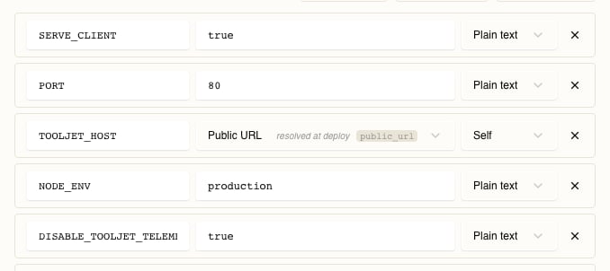 Five environment rows from the tooljet resource. SERVE_CLIENT is true, PORT is 80, NODE_ENV is production and DISABLE_TOOLJET_TELEMETRY is true, all four with the source dropdown reading Plain text. Between them the row TOOLJET_HOST has no text box — its value area reads Public URL, then resolved at deploy in italics, then the key public_url in a monospace chip — and its source dropdown reads Self.