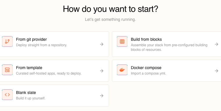 The New Stack dialog asking How do you want to start, offering five choices: From git provider, Build from blocks, From template, Docker compose, and Blank slate