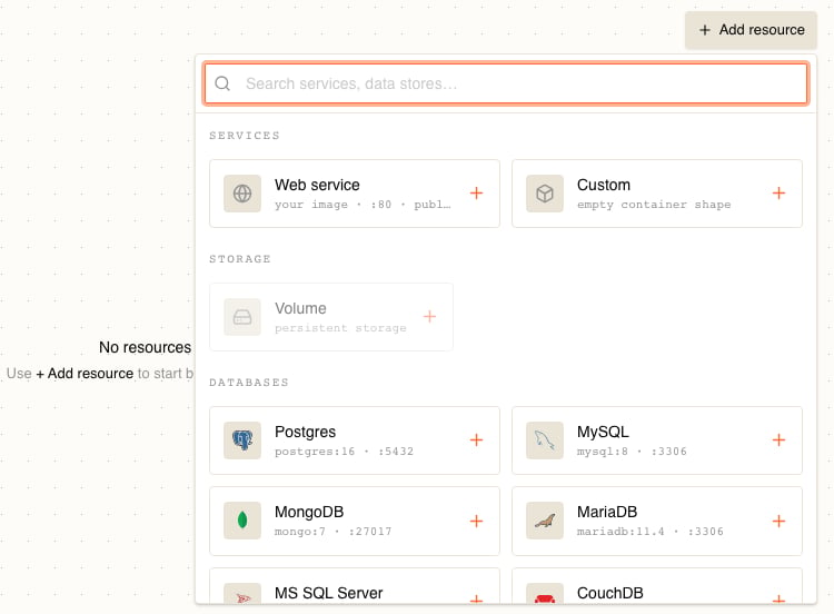 The Add resource menu open over the empty canvas, beneath the + Add resource button, with a search field placeholdered Search services, data stores, then grouped entries: under SERVICES, Web service summarised as your image, colon 80, public, and Custom summarised as empty container shape; under STORAGE, Volume summarised as persistent storage; and under DATABASES, Postgres with postgres:16 colon 5432, MySQL with mysql:8 colon 3306, MongoDB with mongo:7 colon 27017, MariaDB with mariadb:11.4 colon 3306, and the MS SQL Server and CouchDB rows cut off at the bottom edge of the frame