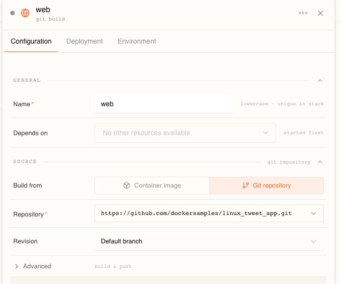 The resource drawer, headed web with the subtitle git build and open on the Configuration tab, showing a GENERAL section with Name set to web and an empty Depends on, and a SOURCE section summarised as git repository, where Build from has Git repository selected, Repository holds the pasted linux_tweet_app URL, Revision reads Default branch, and a collapsed Advanced row is labelled build and push